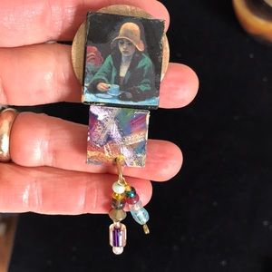 Edward hopper and hand painted brooch/pin w/beads